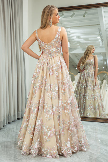 Champagne A Line Princess Corset Prom Dress with Embroidered